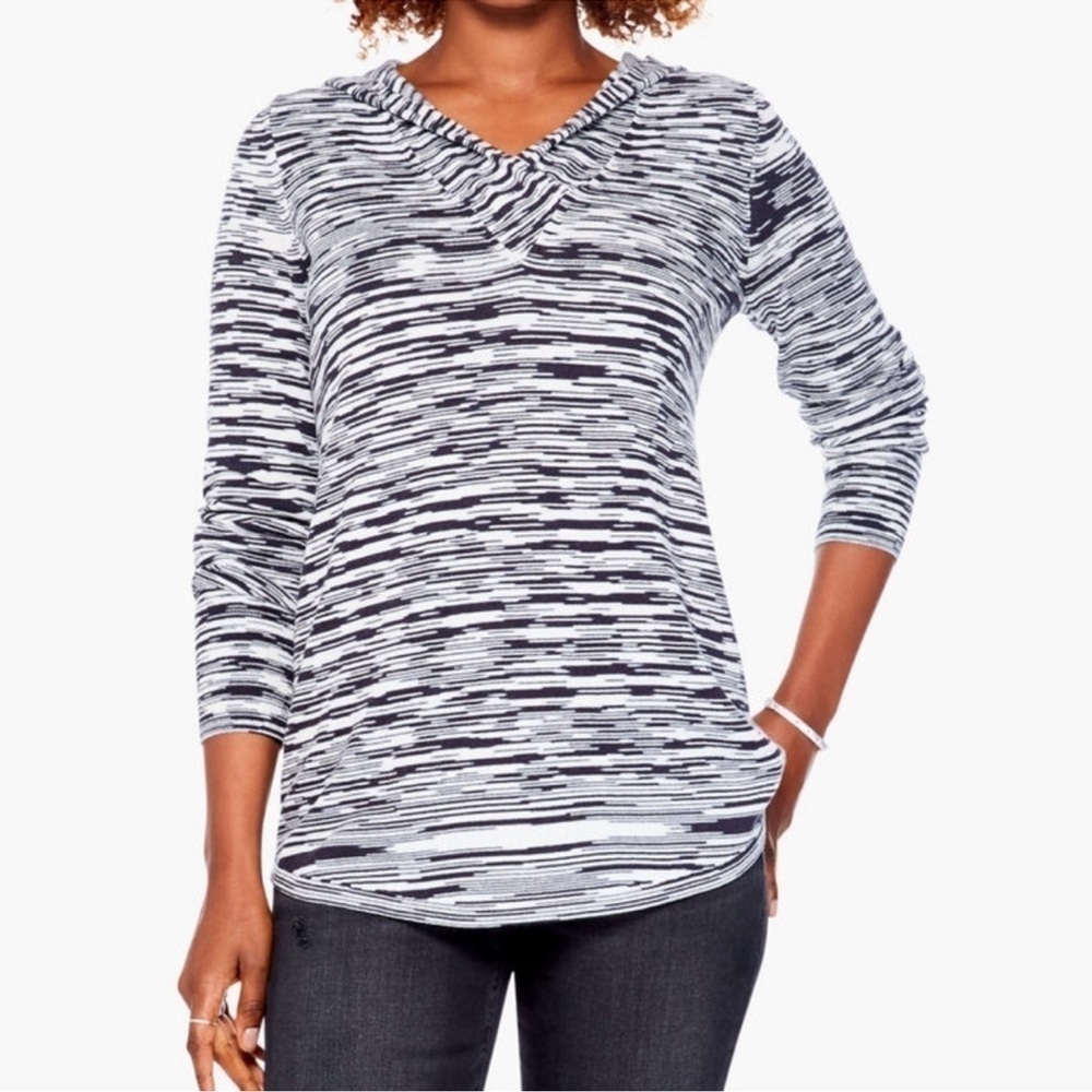 Nic + Zoe Vital Black White Abstract Stripe Knit Pullover Hoodie